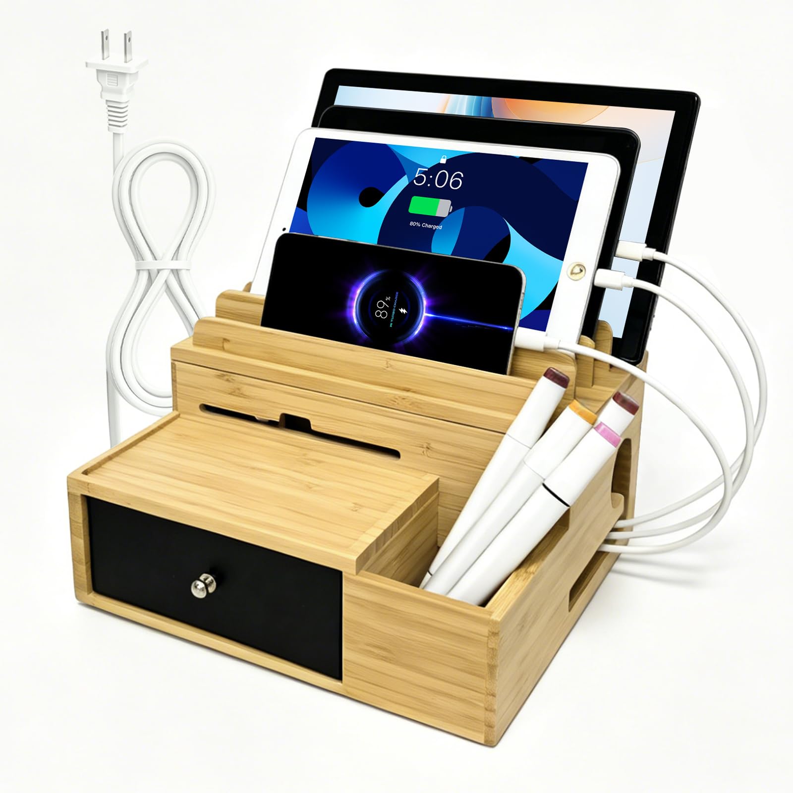 Bambus Ladestation Organizer mit USB-Ladegerät und 5 Kabel | Für mehrere Geräte, mit Schublade und Stifthalter, Nachttisch-Ladestationen, Organizer für Handy, Tablet usw