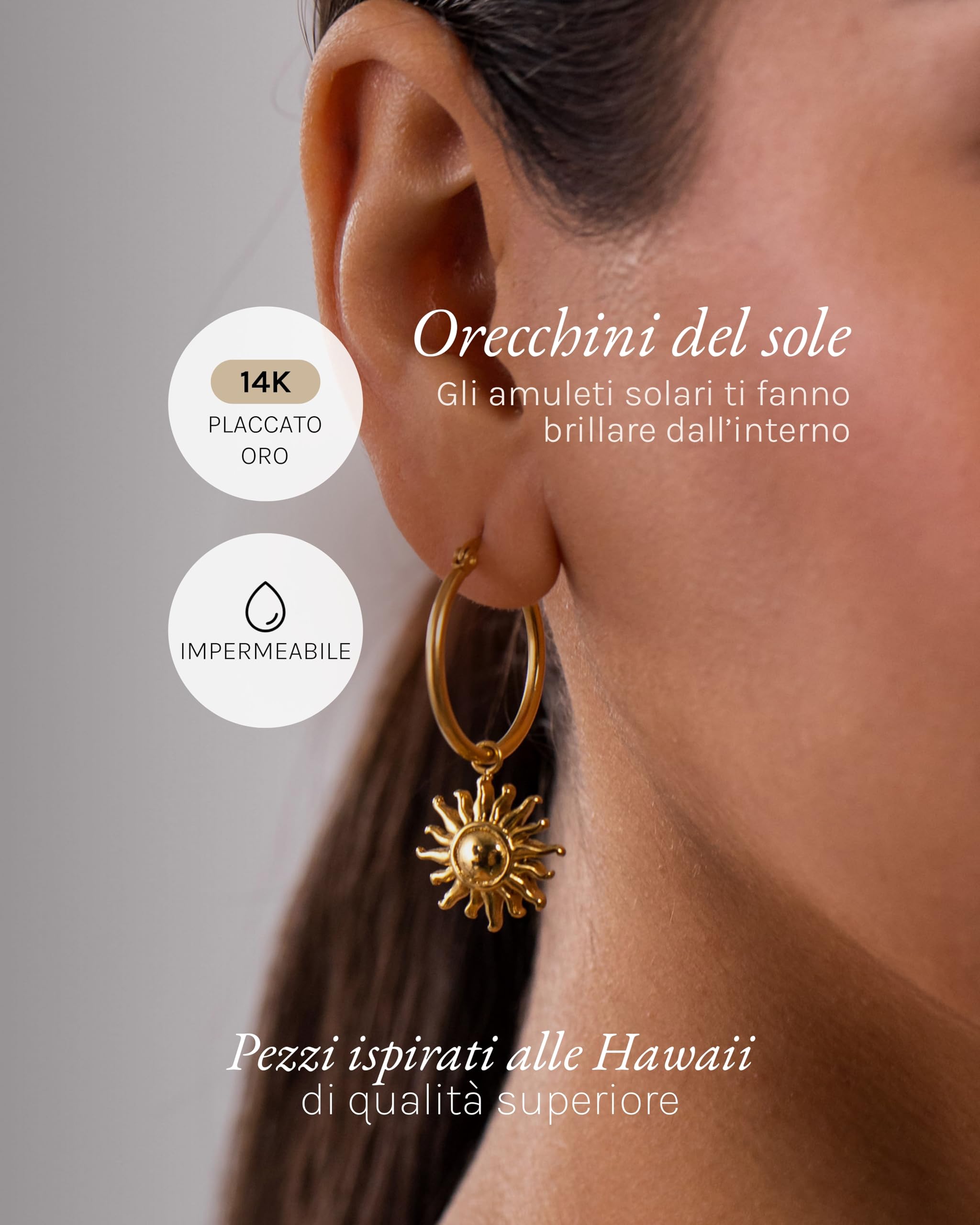 Purelei Orecchini Sun, Orecchini da donna in acciaio inossidabile, Cerchi grandi con pendente a sole, Diametro 1,4 cm, Regalo per donna