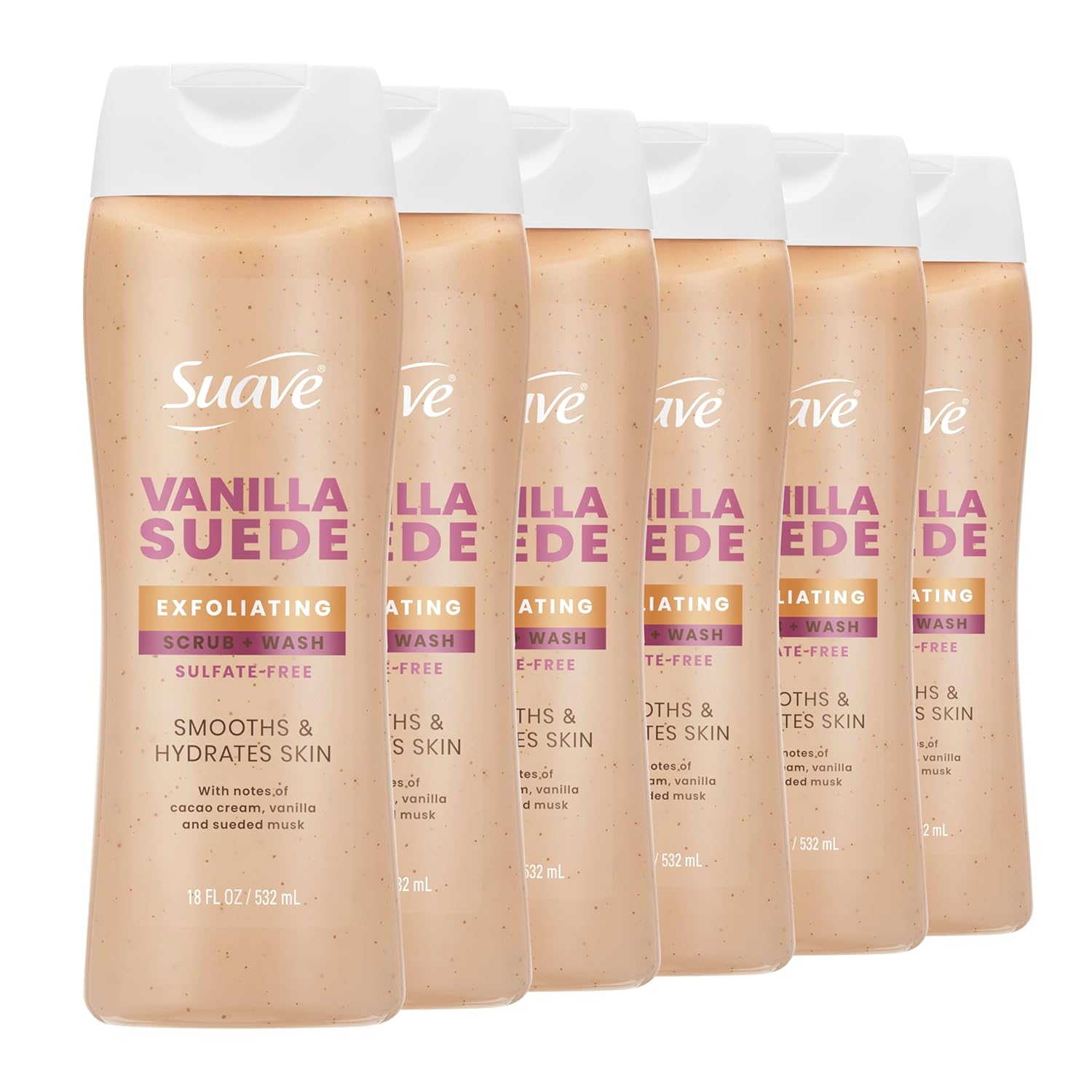 Suave Vanilla Suede Exfoliating Body Wash & Scrub with Glycerin & Vitamin E, Sulfate-Free Hydrating Cleanser for Soft, Smooth Skin, 6 Count, 18 FL OZ