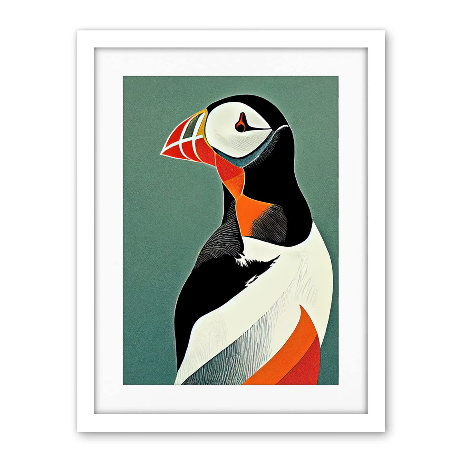 Wee Blue Coo Bright Bold Colourful Atlantic Puffin Bird Portrait Artwork Framed Wall Art Print 18X24 Inch