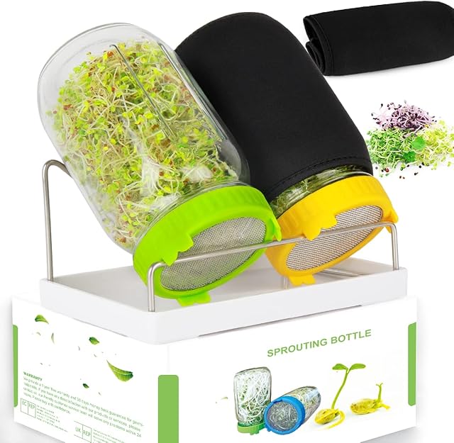 Seed Sprouting Jar Kit, 2 Mason Jars with Screen Sprout Lids, 2 Blackout Sleeves, Drain Tray, Stainless Steel Stand, Sprouts Growing Kit (Yellow&green)