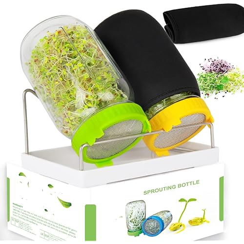 Seed Sprouting Kit, 2 Large Wide Mouth Mason Jars with Sprout Lids, Blackout Sleeves, Drain Tray, Stainless Steel Stand, Sprouts Growing Kit for Bean, Broccoli, Alfalfa (Yellow+Green)
