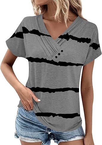 Tops for Womens Plus Size Short Sleeve Casual Pullover V Neck Fashion Blouse Tees 2025 Summer Button Printed T Shirt