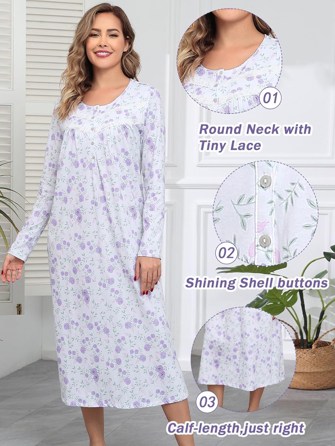 Long Cotton Nightgowns for Women Long Sleeve Night Gowns Women's Sleepwear Full Length Nightdress Soft Loungewear