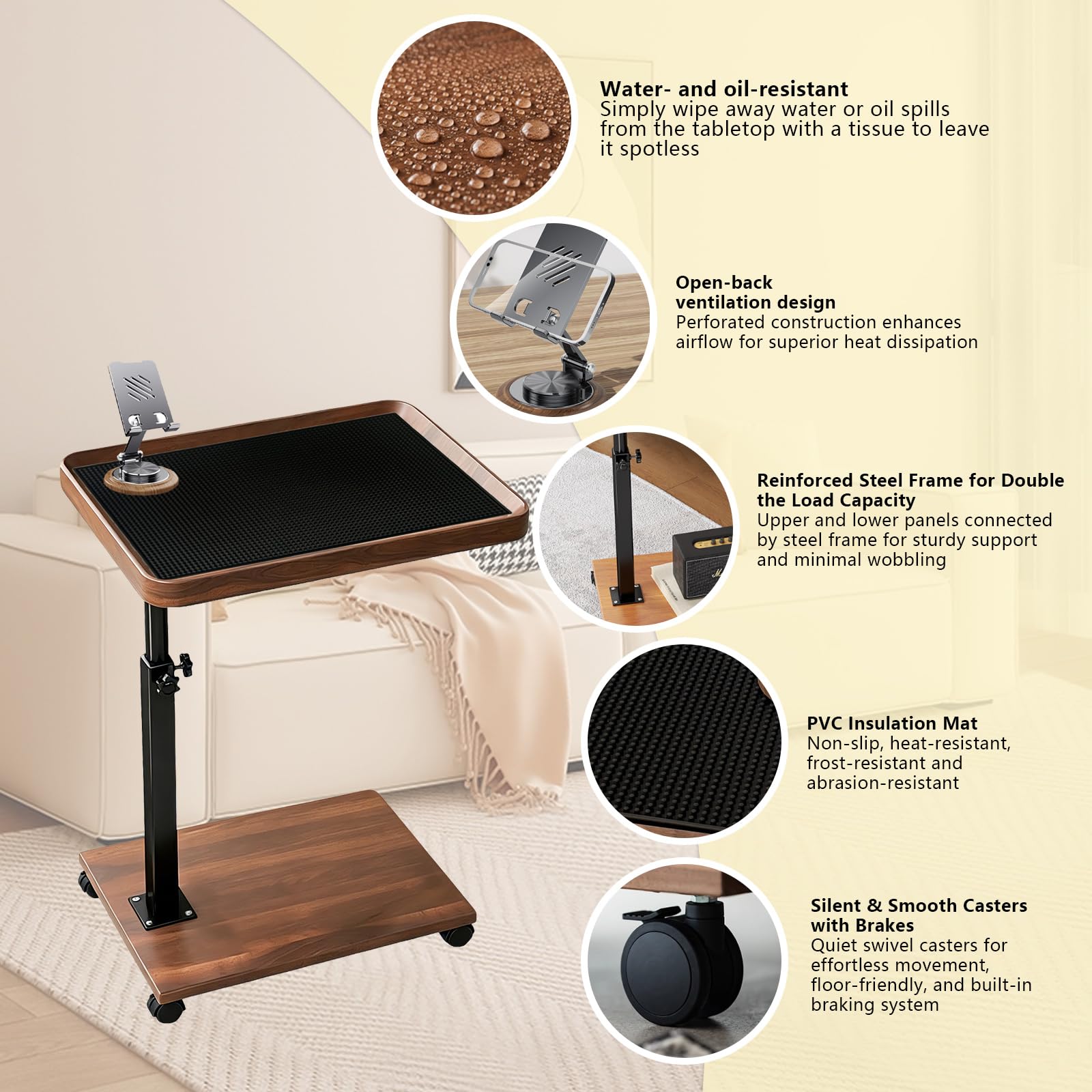 Tavolino a forma di C con ruote, regolabile in altezza 45 – 80 cm, girevole a 360°, piano in MDF con telaio in acciaio, supporto per cellulare e tappetino in silicone, 35 x 25 cm, divano e