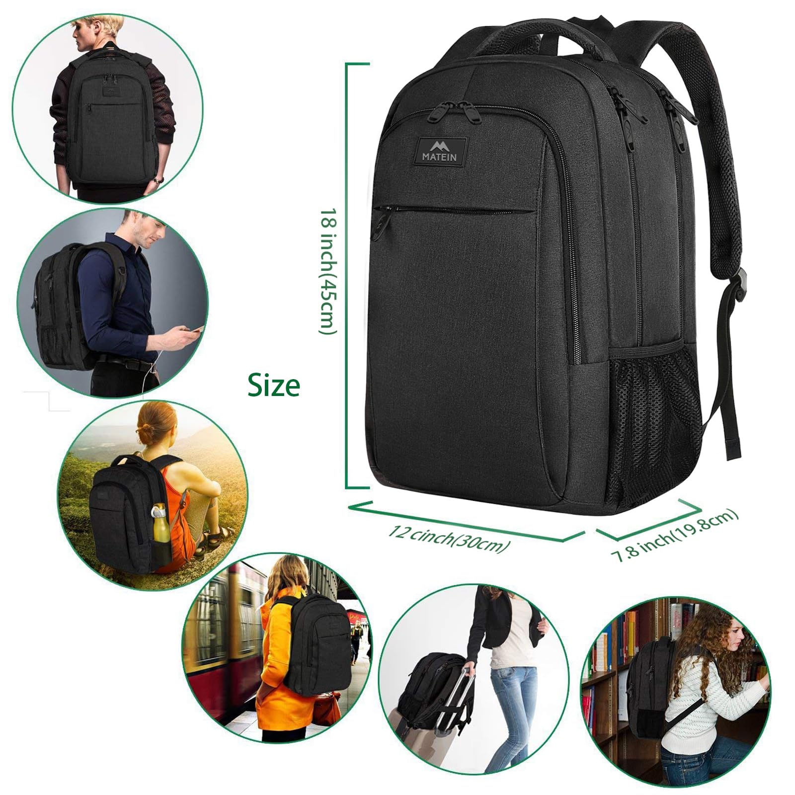 MATEIN Sac à Dos Ordinateur Portable 15.6 Pouces, Imperméable Antivol pour Travail Collège, Noir