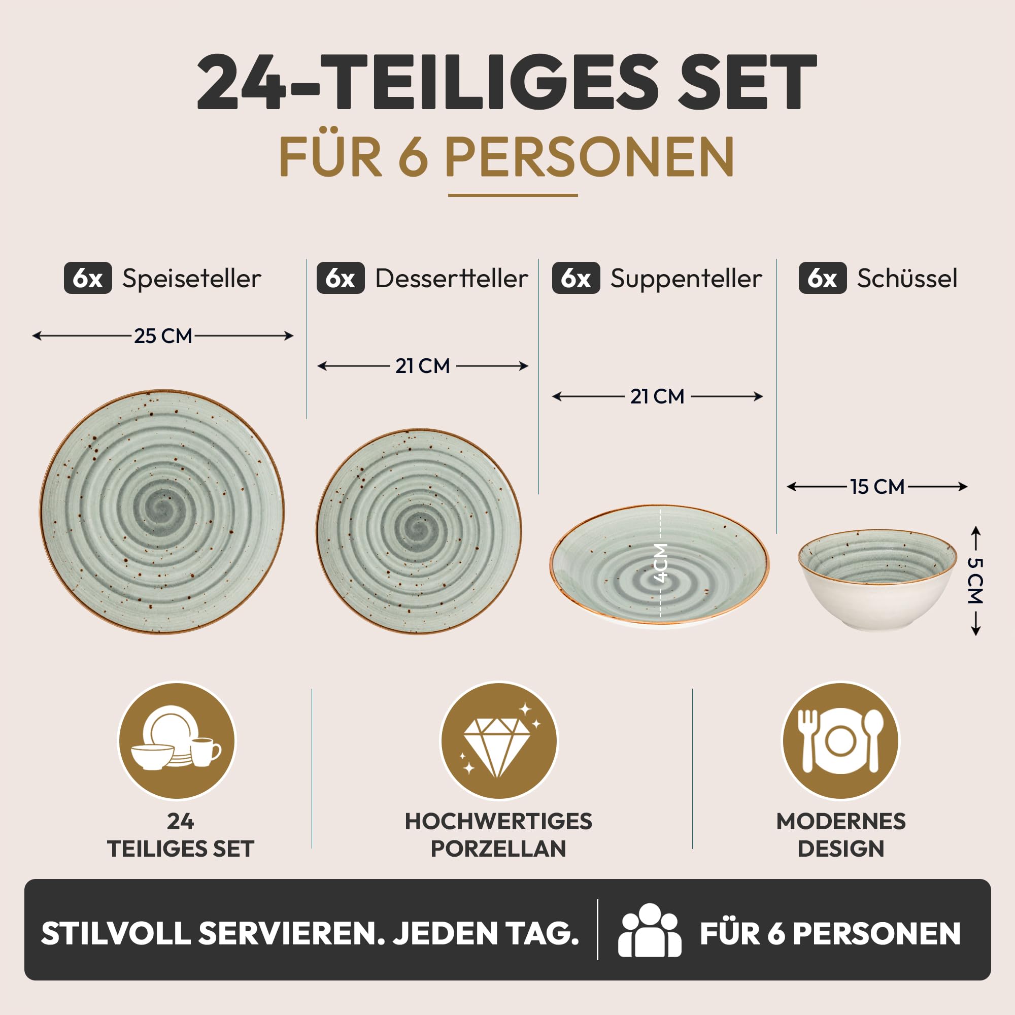 Geschirrset 24-teilig aus Porzellan für 6 Personen | Tiefe Suppenteller, Flache Essteller, Dessertteller und Schüsseln | Hochwertiges modernes buntes Vintage Tafelservice Kombiservice | Grau