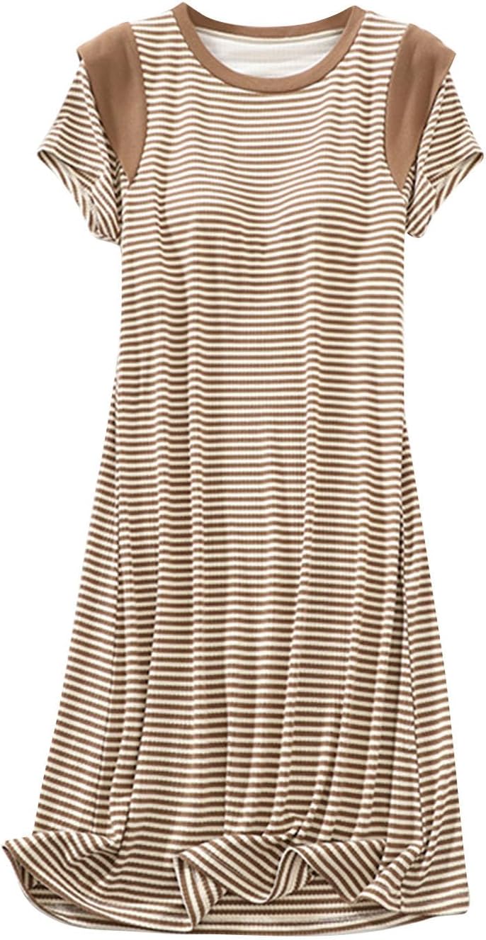 Women’s Modal Short Sleeve Sleep Dress with Padded Fashion Striped Comfortable Nightgowns Soft Loose Long Sleepdress