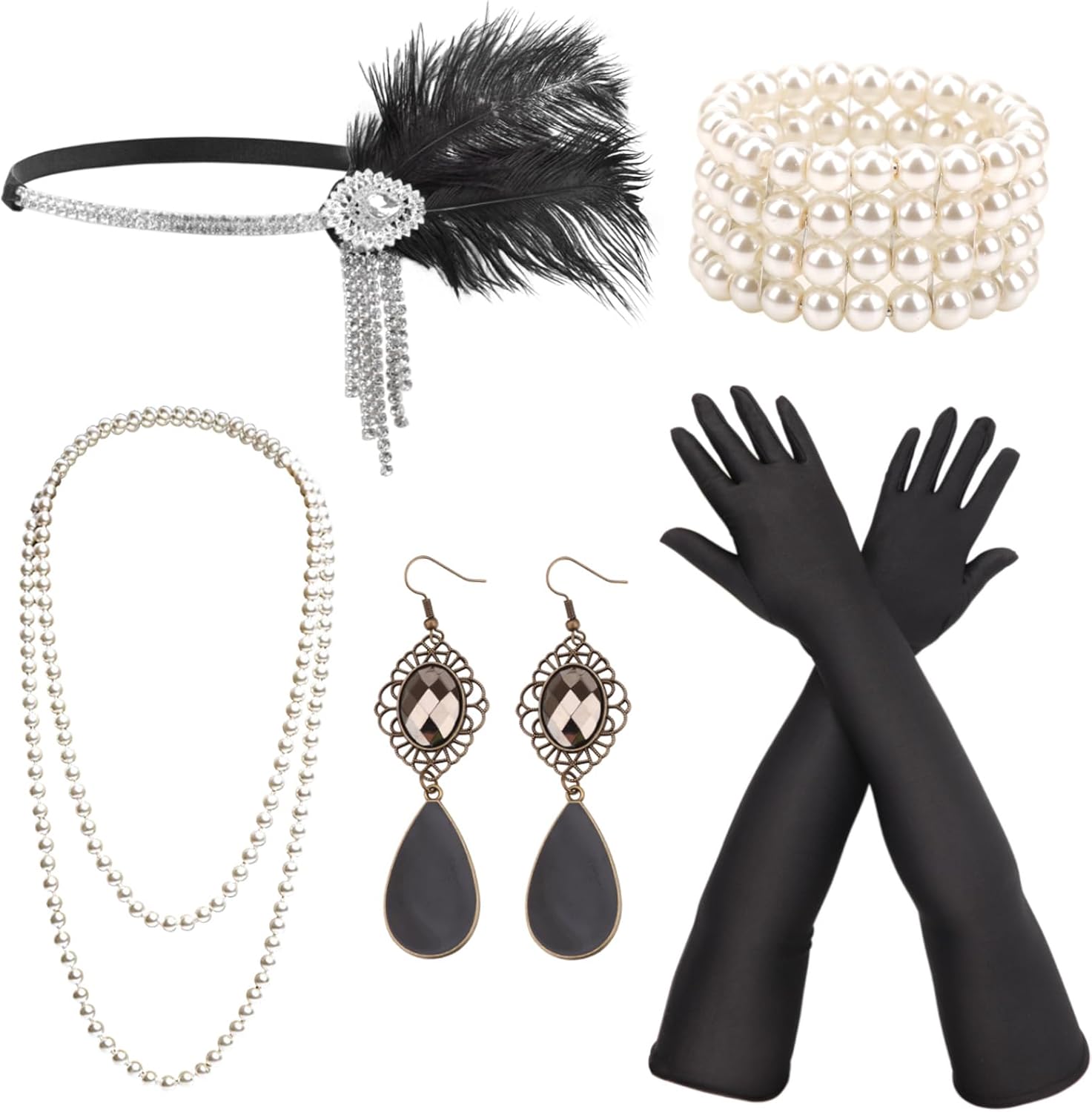DRESHOW 1920s Great Gatsby Accessories Set for Women Flapper Costume Accessories Feather Headband Roaring 20s Accessories Set