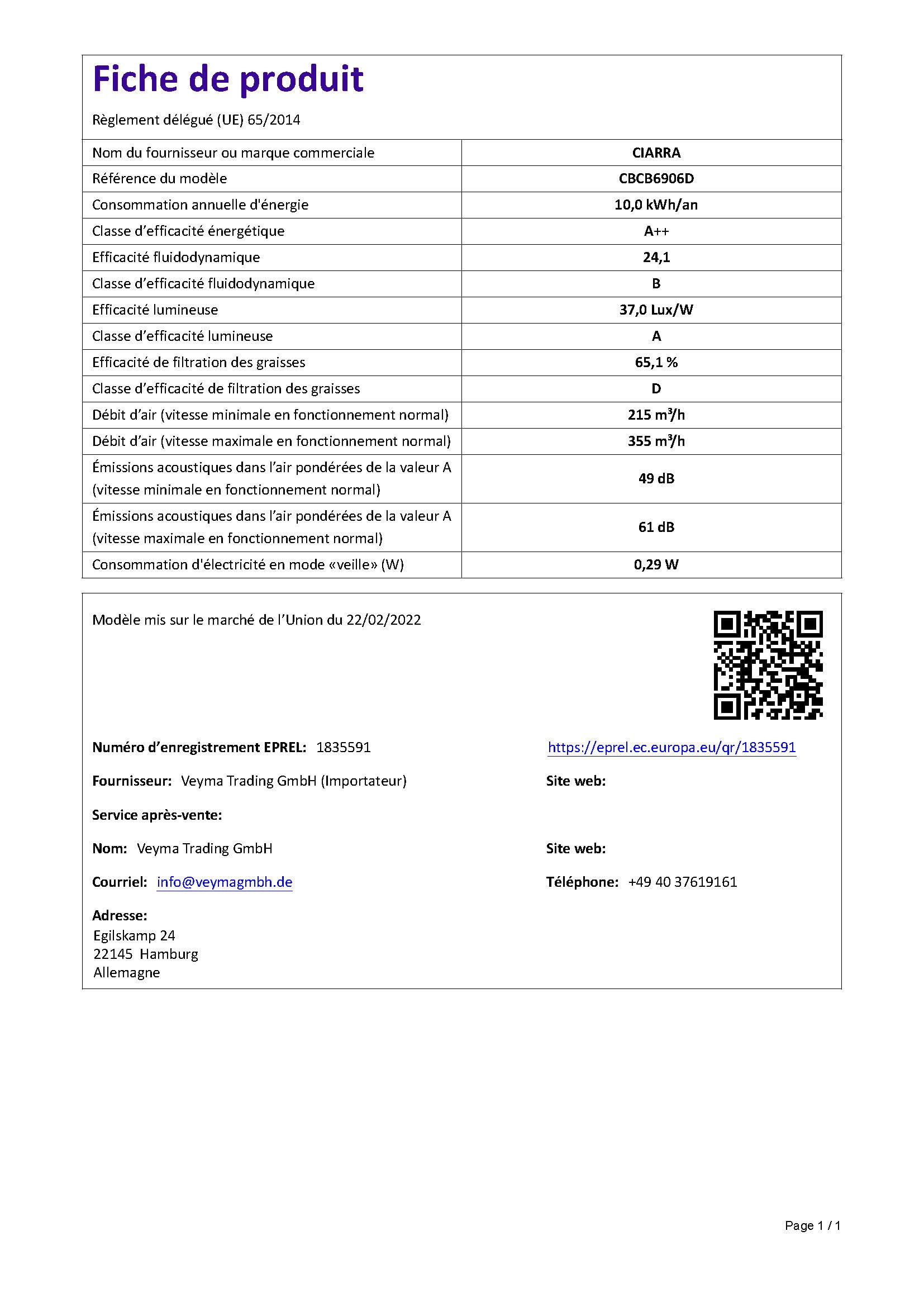 CIARRA CBCB6906D Hotte Tiroir 60cm-Classe A++ - 370m³/h - Hotte Aspirante Integrée-2 Vitesses - Éclairage LED - Evacuation ou Recyclage - Filtres Charbon Inclus - Noir