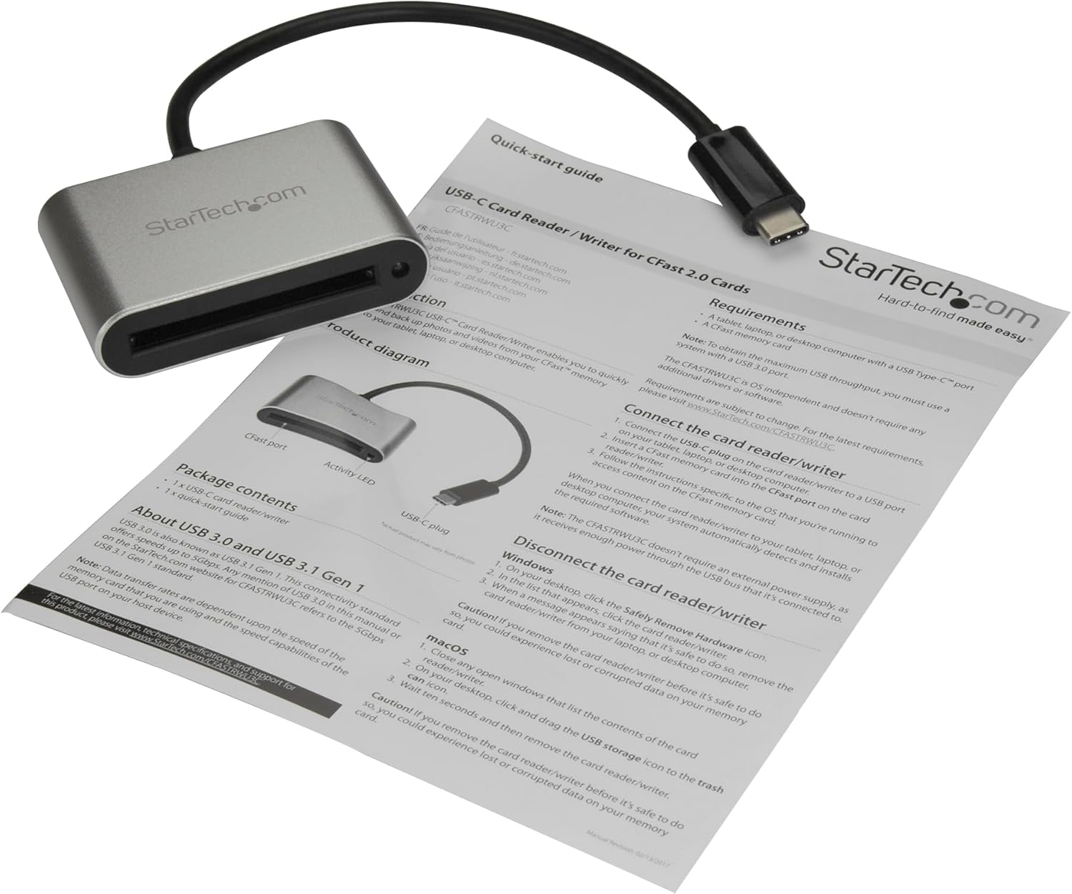 StarTech.com CFast Card Reader - USB C - Memory Card Reader - Card to USB-C - Portable CFast 2.0 Reader / Writer (CFASTRWU3C)