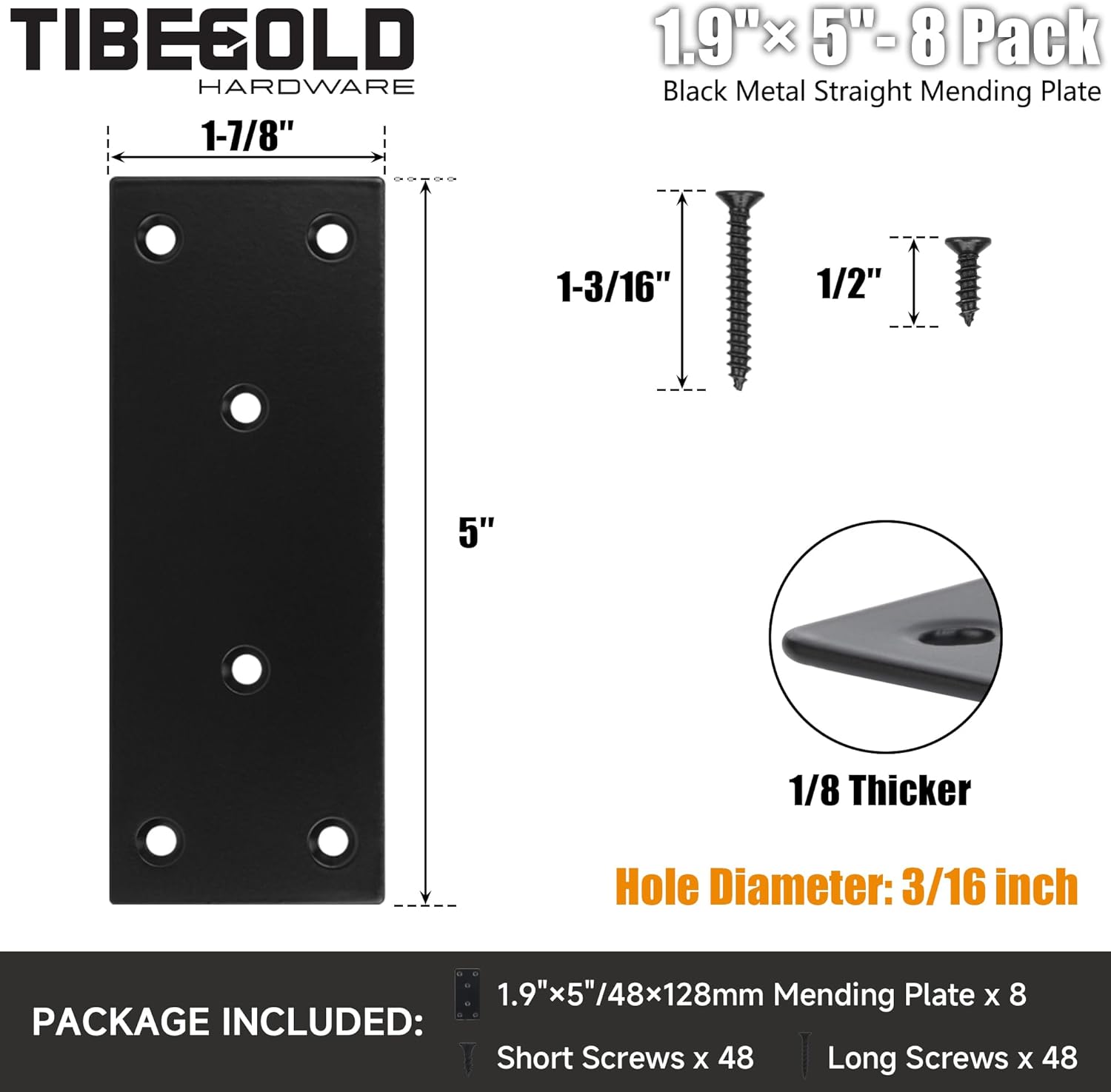 Mending Plate, Black Metal Flat Straight Brace Bracket, Double-Wide Metal Plate, Joining Plate for Wood Furniture Fence Fastening with Screws in 2 Different Lengths (48x128mm, 8 Pack)