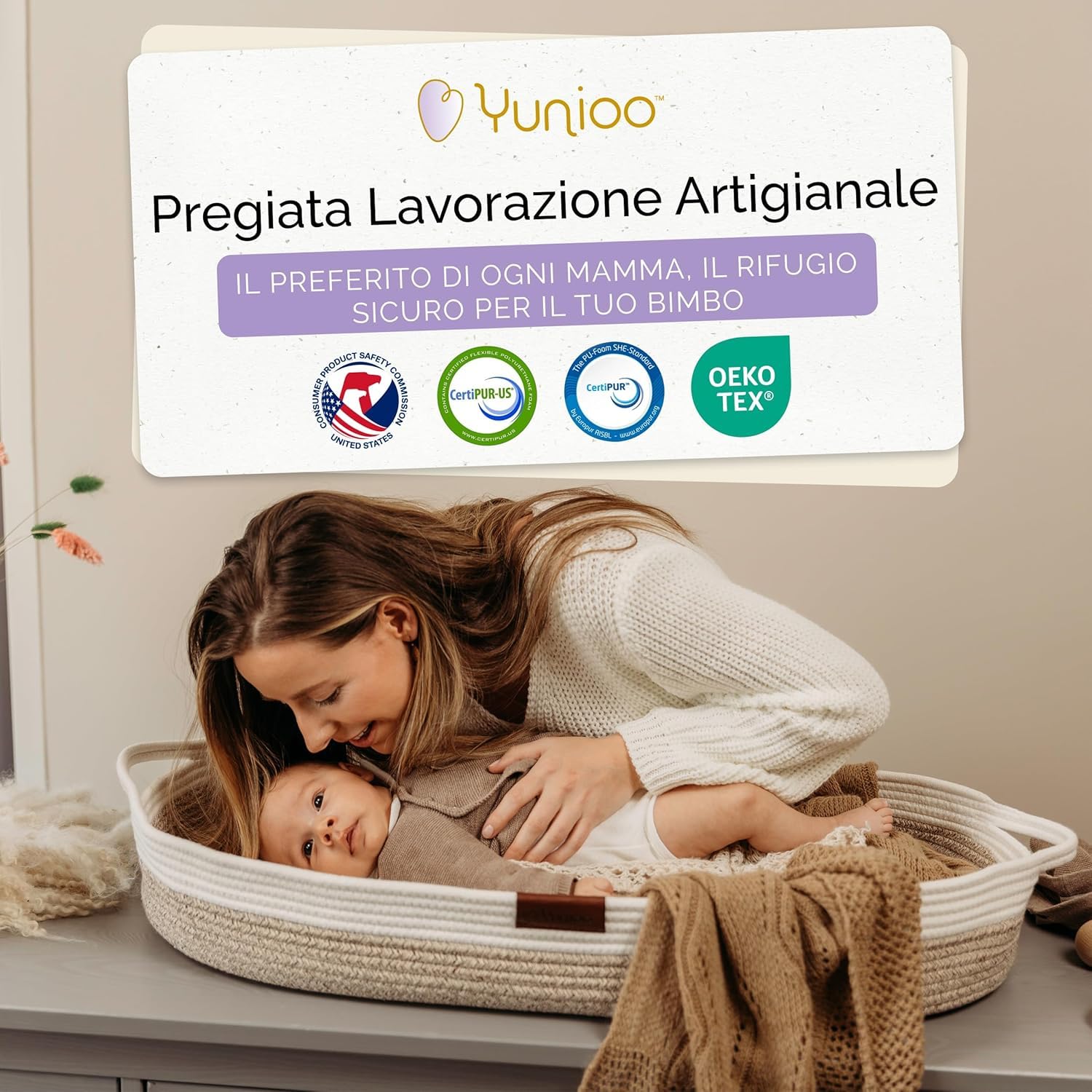Yunioo Bundle Fasciatoio Neonato con Materassino Impermeabile + Organizer Cestino Porta Pannolini in Corda di Cotone – Set Fasciatoio Completo Regalo Nascita
