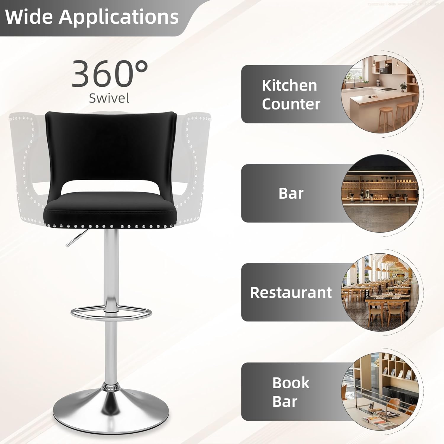 ABET Bar Stools Set of 2, Velvet Swivel Island Chairs, Adjustable Silver Barstools with Hollow Back and Footrest, Upholstered Counter Height Stool Chairs for Kitchen Island Dining Room Home, Black
