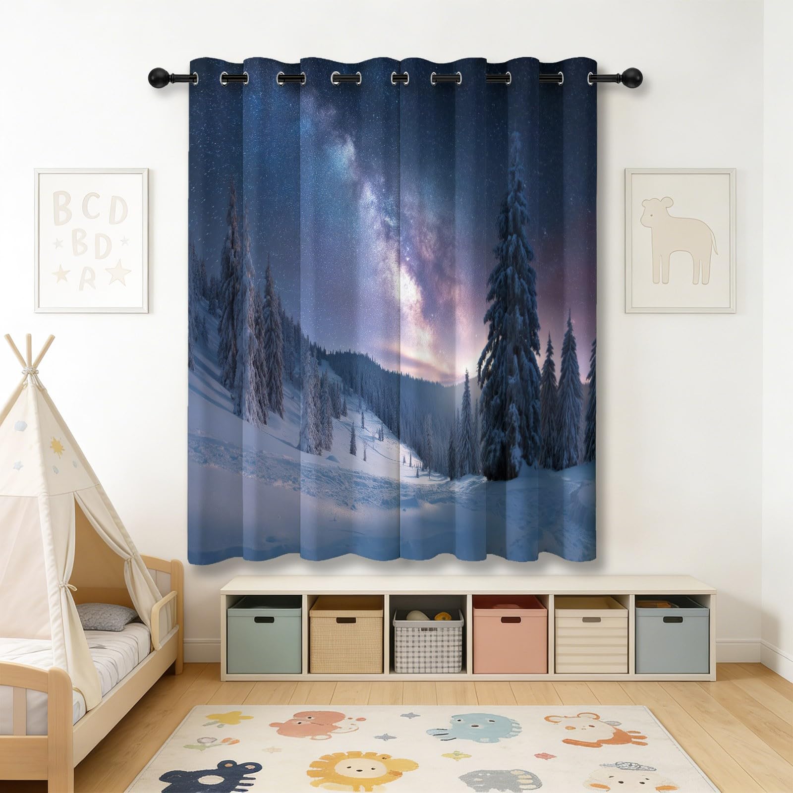 Natürliche Winterlandschaft Mit Schnee Bäume Design Blickdichte Vorhänge H215 x B110 cm (2er Set), Kälteschutz für das Standard-Schlafzimmer, Dunkelblau