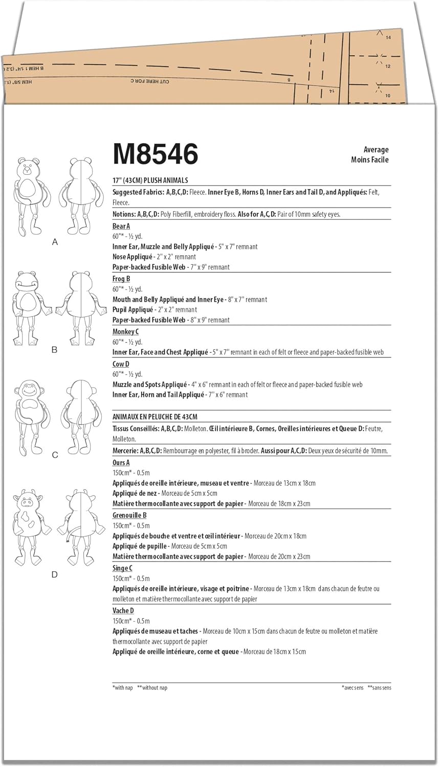 McCall's M8546OS Bear, Frog, Monkey, and Cow Plush Animals Sewing Pattern Packet by Carla Reiss, Design Code M8546, Sizes 17" Tall