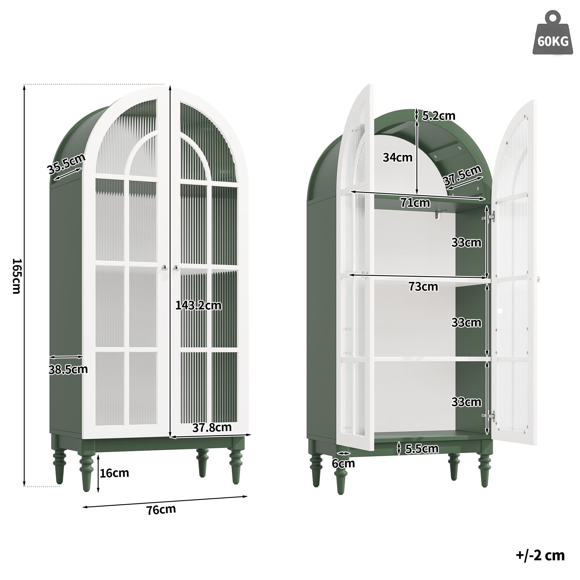 Vitrina arqueada 165 cm con puertas dobles de cristal estriado, 3 niveles, verde oscuro y blanco