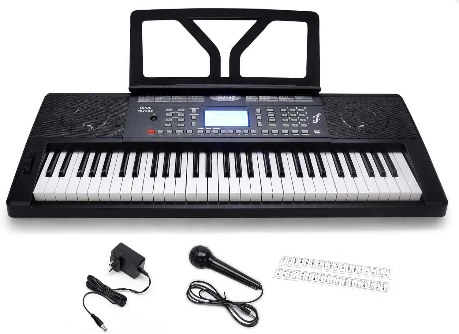 JUAREZ Opus JRK692 61 Keys Electronic Keyboard Piano With LCD Digital Display,Pitch Bend,MP3 USB MIDI| Touch Response|Adapter|Key Note Stickers|Music Sheet Stand|210 Rhythms|422 Timbres|120 Demos