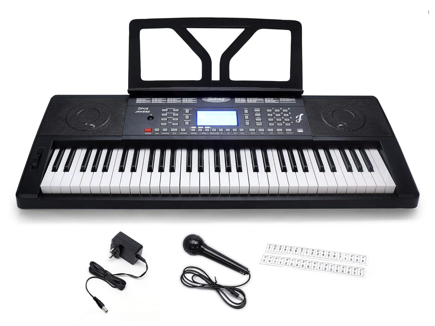 JUAREZ Opus JRK692 Electronic Keyboard Piano with included accessories: power adapter, microphone, key note stickers, and music sheet stand.