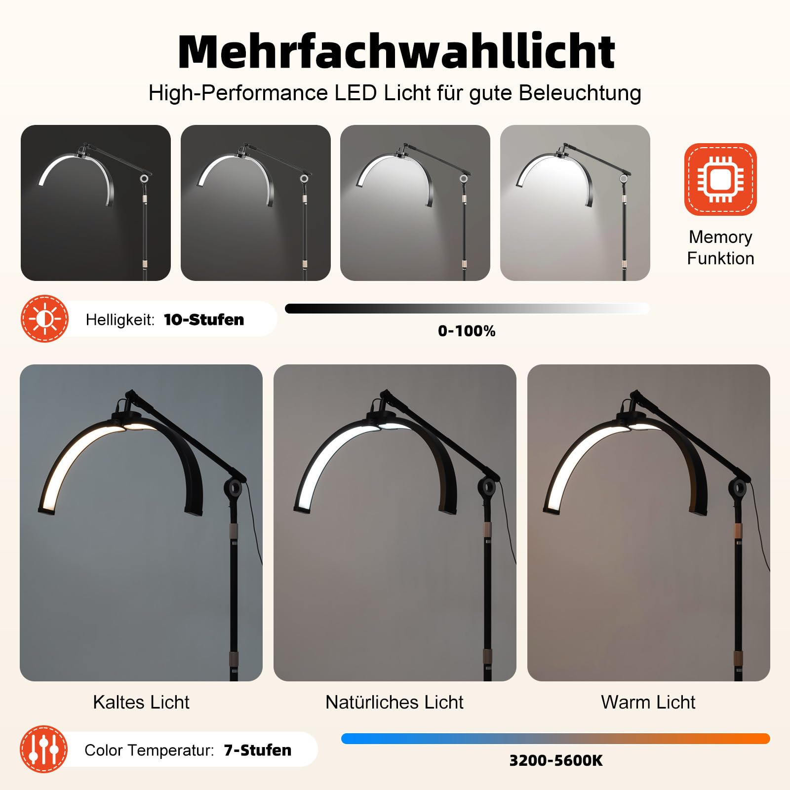 Halbmond-LED-Lampe, Wimpernverlängerung lampe mit Telefonhalter, Faltbare Einziehbarer Wimpern, 3200K-5600K, professionelle ästhetische Lampe für Beauty, Tätowierer, Make-Up Artists