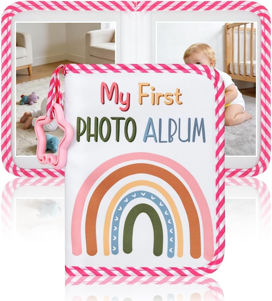 Ainiv Baby Photo Album Holds 17 4.5x6.5 Inch Photos, My First Photo Album for Baby with Hook, Soft Cloth Album, Baby Family Photo Book Gift for Newborn Toddler Kids Girl Baby Shower, Pink Rainbow