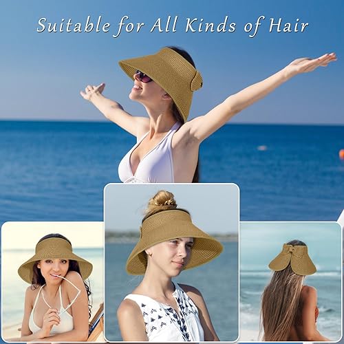 Miniatura 4 de ELEHOLD Viseras solares para mujer, sombreros de playa de ala ancha, sombrero de paja enrollable, plegable, con protección UV, sombrero de viaje de