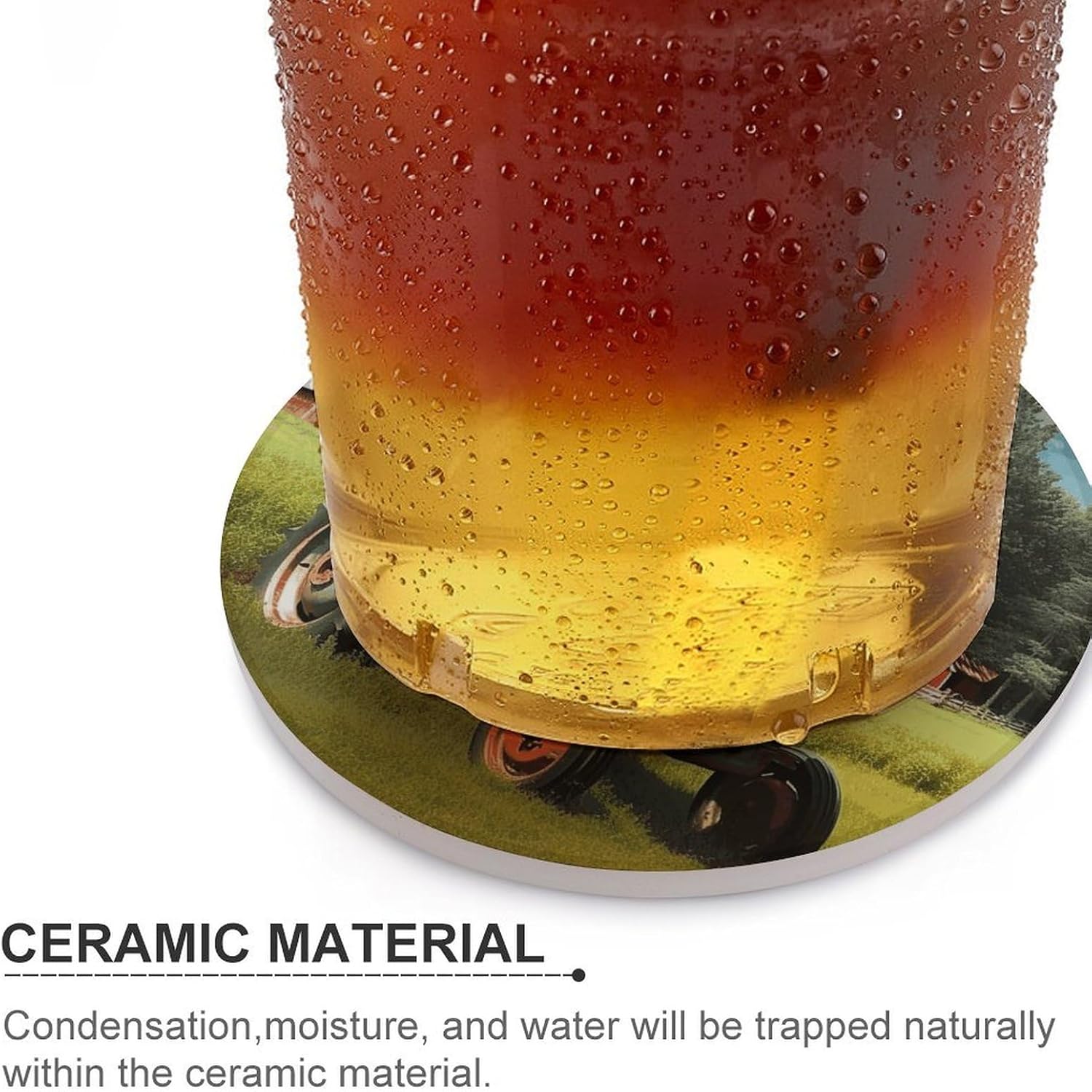 6PCS Company Farm Tractor Coasters Non-Slip Round Drink Coasters with Ceramic Stone and Cork Base, Heat Resistant Absorbent 33.00Stone Coaster Set for Kinds of Mugs and Cups, 4 Inch