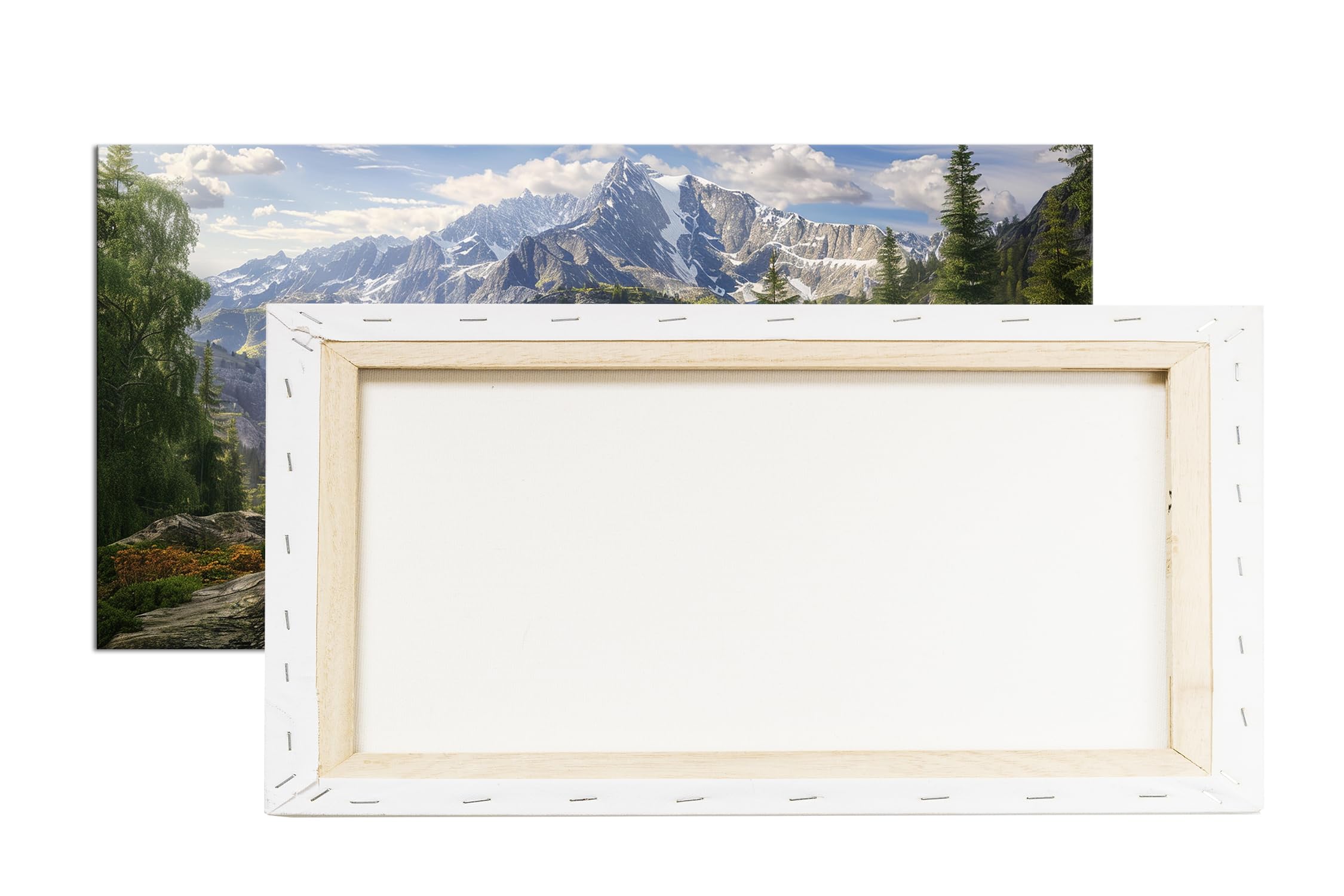 Berghütte mit Panorama, umgeben von majestätischen Bergen Panorama 120x60cm XXL Kunstdruck Motiv auf Holzrahmen/Leinwandbild/Wandbild/Wohnzimmer Dekoration