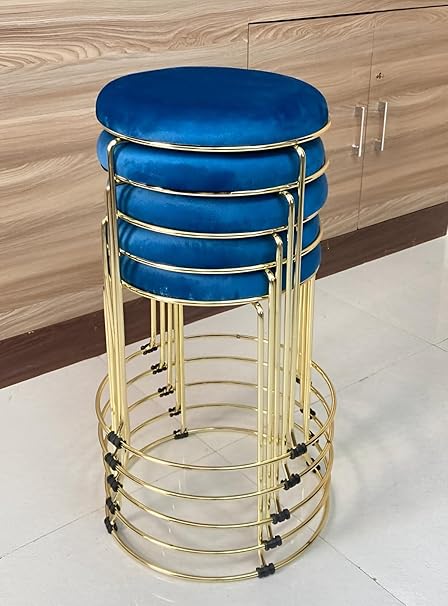 Toby Luxurious Modern Contemporary Multipurpose Round Velvet Golden Stool | Transform Your Space with Stylish Coffee/Tea/Milk Shop Bar Stools, Set of 5 (Blue)