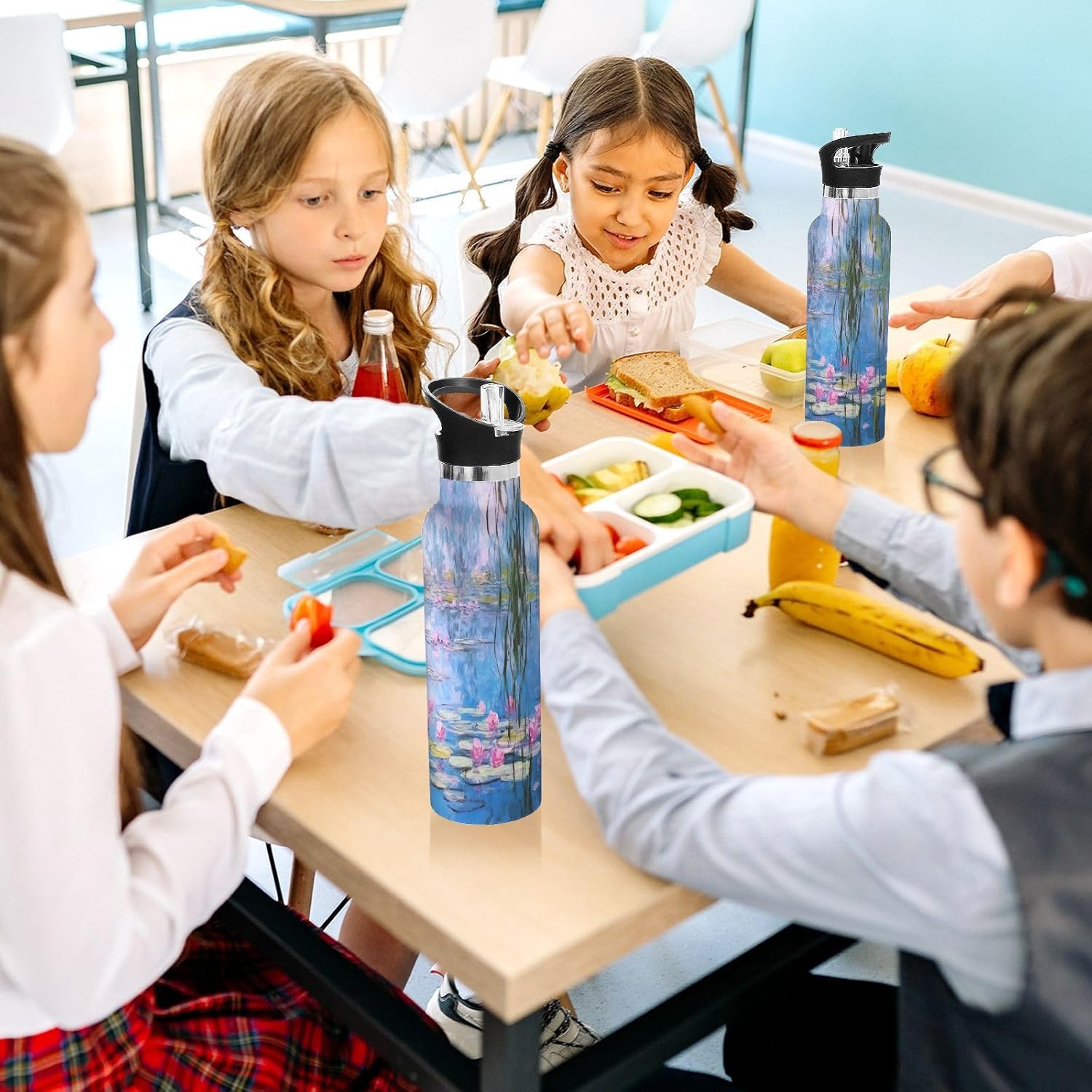 Water Bottle for Kids with Straw Leakproof Sports Water Bottle for Kids for Boys Girls 20oz, Water Lilies and Willows by Claude Monet