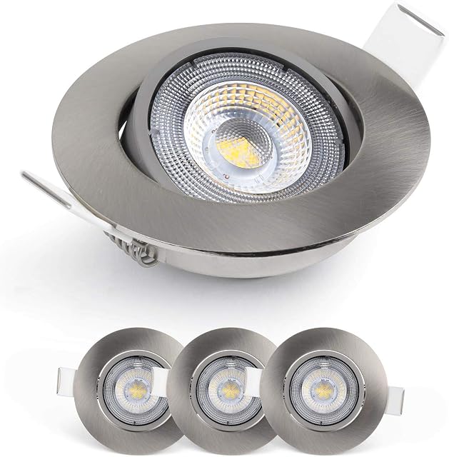 Emos Exclusive Round LED Spot Lights for Ceiling 5W / 450lm | Mains Powered, Ultra Slim, Adjustable Tilt | recessed LED Ceiling Light Warm White 3000k | Pack of 3 LED Spotlights Brushed Silver