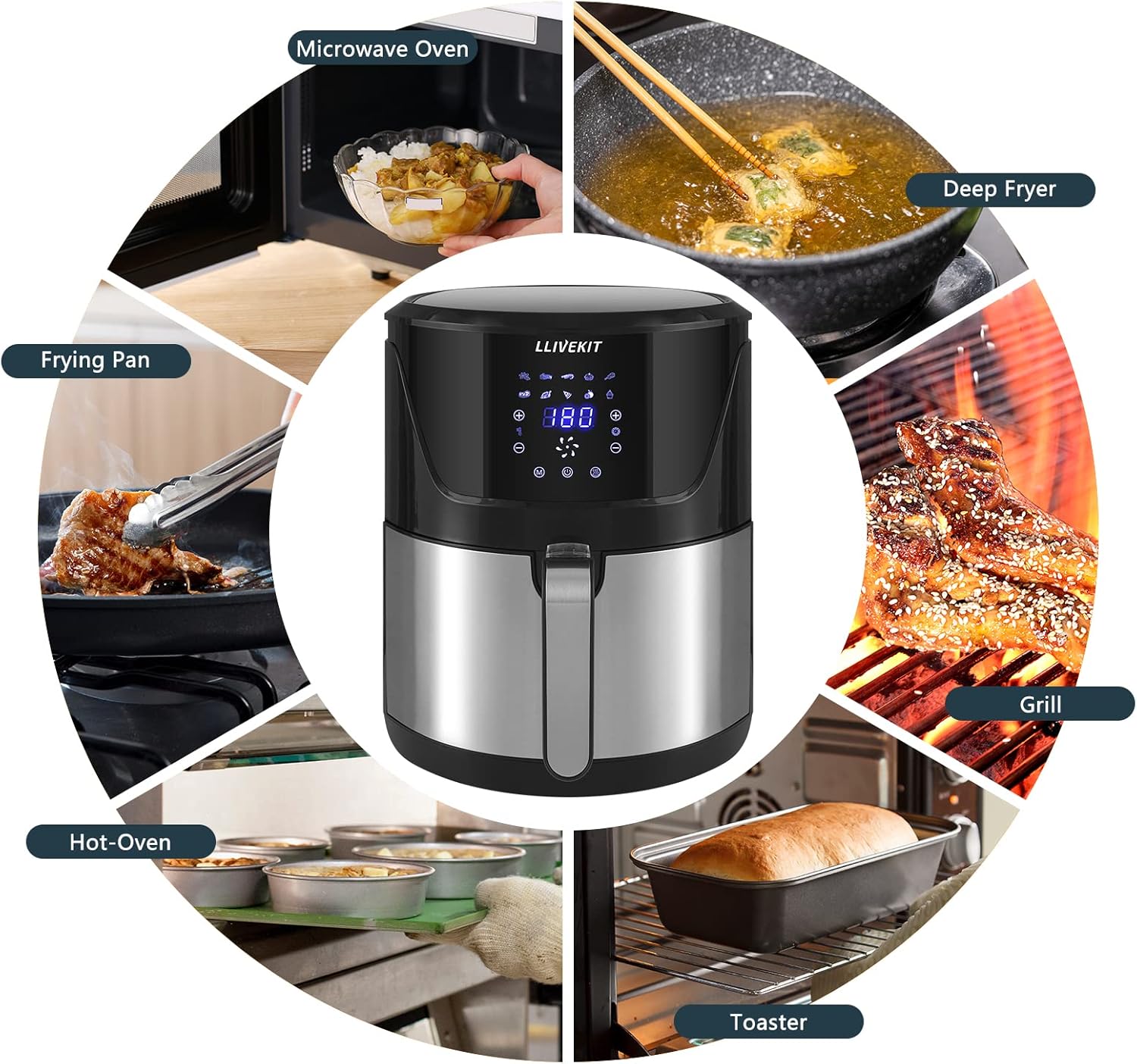 Package contents of LLIVEKIT Air Fryer: 7QT Air Fryer, 21 Recipes, User Manual, Non-Stick Basket