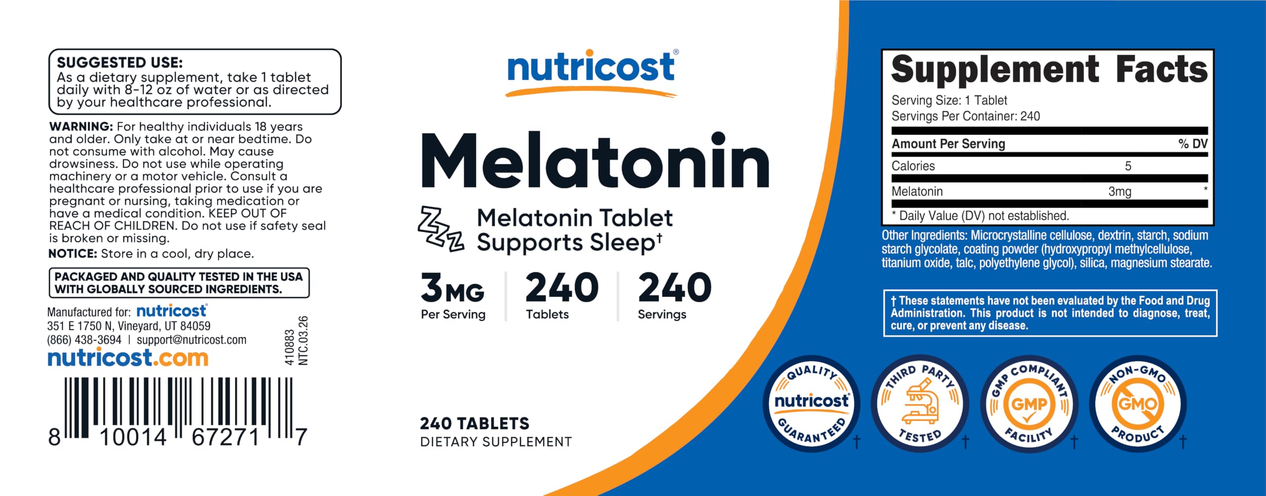 Nutricost Melatonin (3mg) 240 Tablets, GMO-Free & Gluten-Free — Amazon image 6