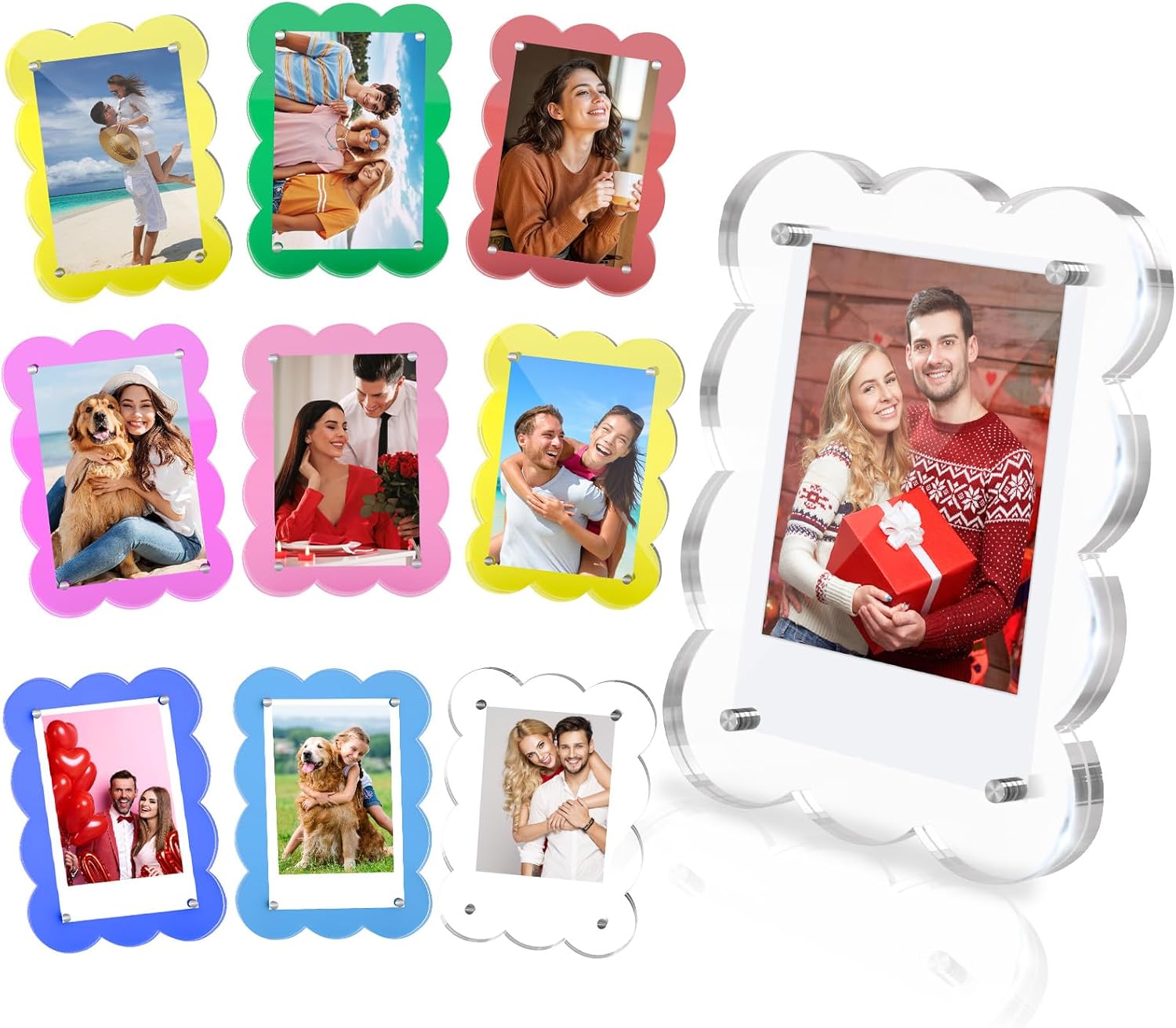 10 Pack 3x4 Acrylic Polaroid Magnets Picture Frame for Refrigerator, Scalloped Clear Frames for Instax Photo, Wallet Size Mini Frame for Fridge (Muliti-Color)
