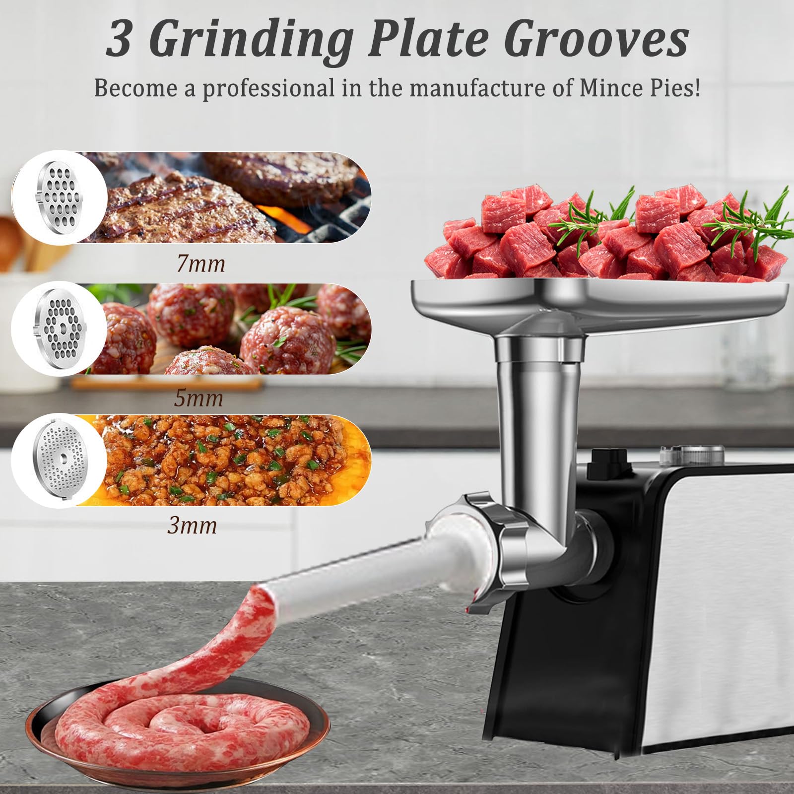 3 en 1 Picadora de Carne Eléctrica, Maquina de Picar Carne con 2 Cuchillas de Acero Inoxidable, 3 Placas de Molienda y Accesorio para Embutir Salchichas Kubbe, para Carne Picada, Salchichas