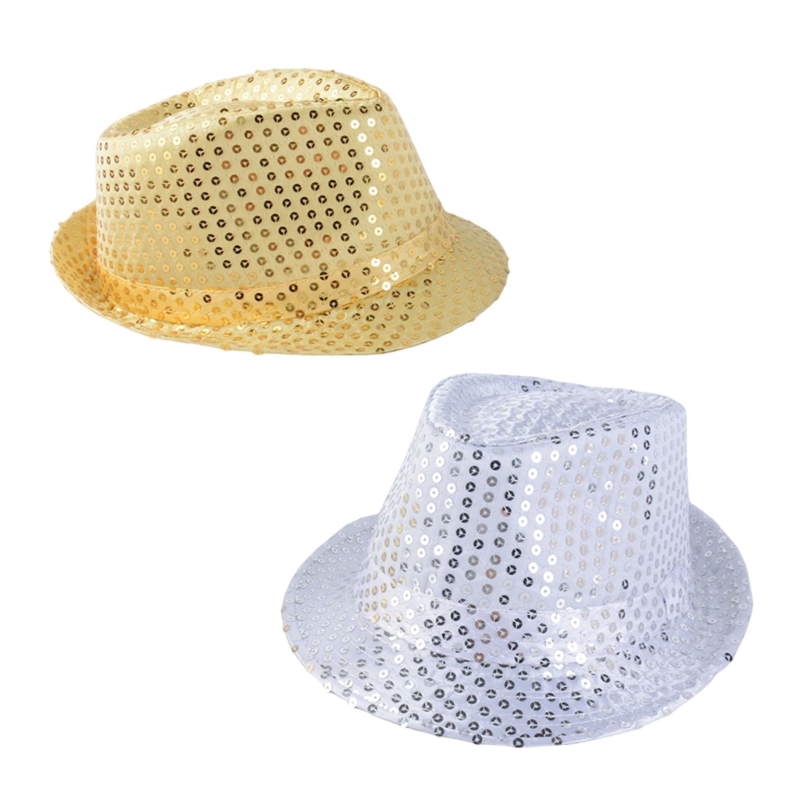 2Pcs Sequin Hat,Sequin Fedora Hat for Party,Glitter Jazz Caps for Adult, for Dance Shows,Parties,Mardi Gras and Fancy Dress Events(Gold/Silver)