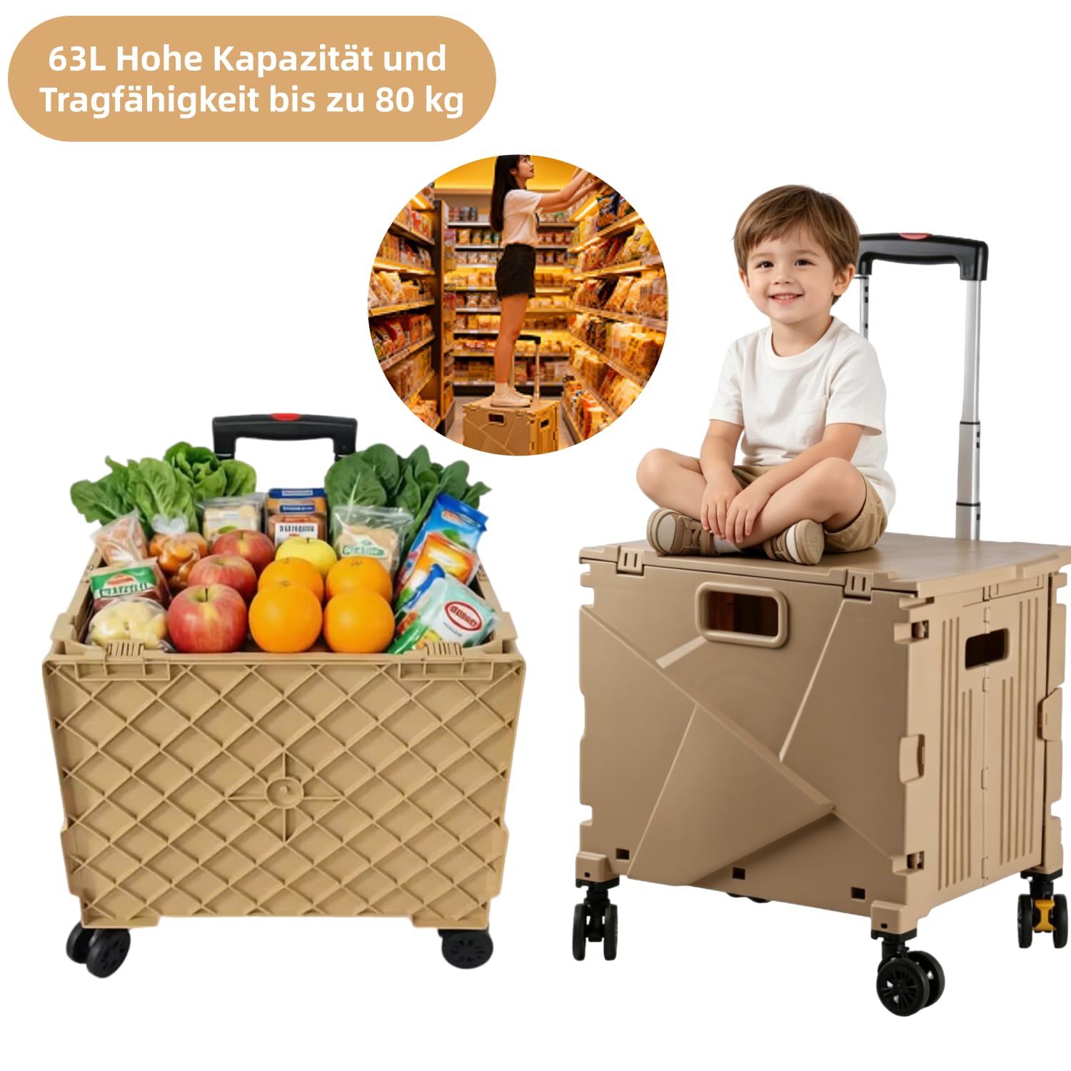 Hooha Carrello per la spesa pieghevole con ruote, carrello multiuso con doppie ruote e blocco del freno, contenitore pieghevole, ruote silenziose, ideale per insegnanti, giardino e attrezzi
