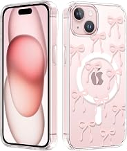 Vauki Magnetic Cover for iPhone 15, Transparent Case with Bow Aesthestic Pattern, Compatible with MagSafe, TPU Bumper Protection Shockproof Anti-Scratch Case for Women Girls, Pink