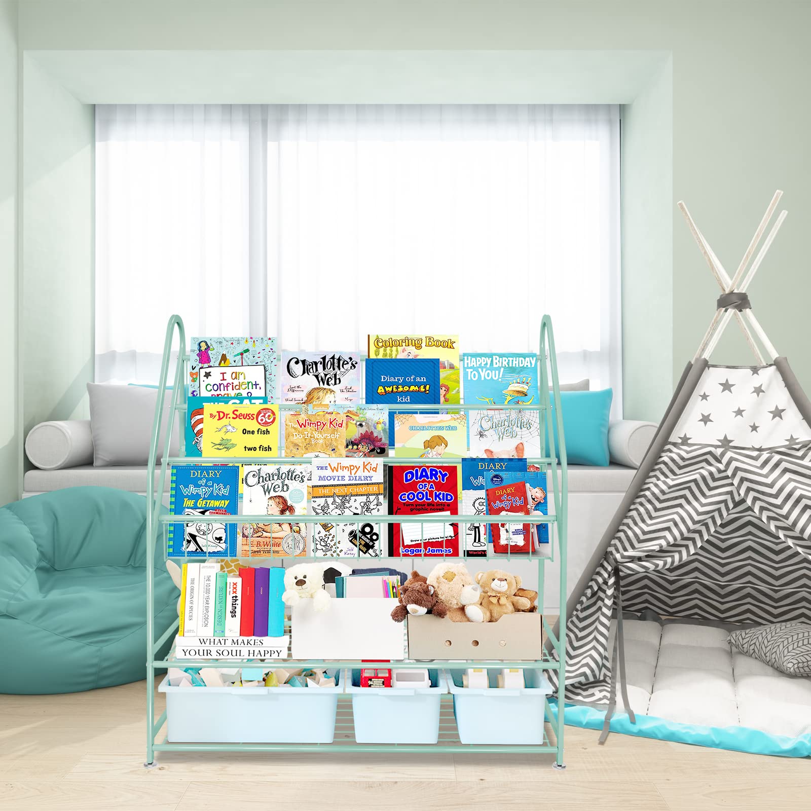 aboxoo Metal Kids Bookshelf Green Freestanding for Children Room 32 in Toy Organizer Large White Stable Bookcase Bookstore Living Room Bed Room Library Book Unit Storage