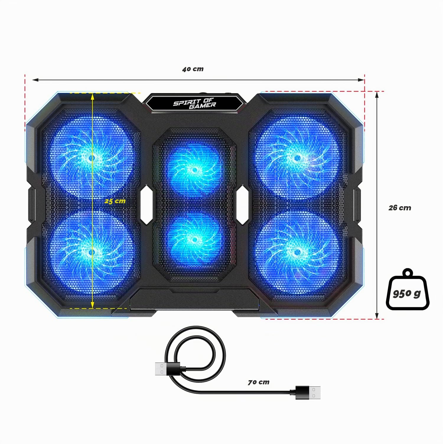 SPIRIT OF GAMER, Raffreddamento PC Portatile da 10" a 17", 6 Ventole Silenziose, Compatibile PS5, PS4, Xbox e PC, Supporto per Laptop Ventilato, Base di Raffreddamento PC Portatile Retroilluminata RGB