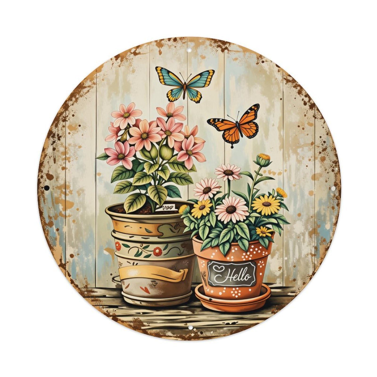 Floral Pots Butterflies Wooden Style Background Round Tin Sign Vintage Style Metal Sign Home Bar Garden Wall Plaque Decor Metal Poster 8x8 Inch