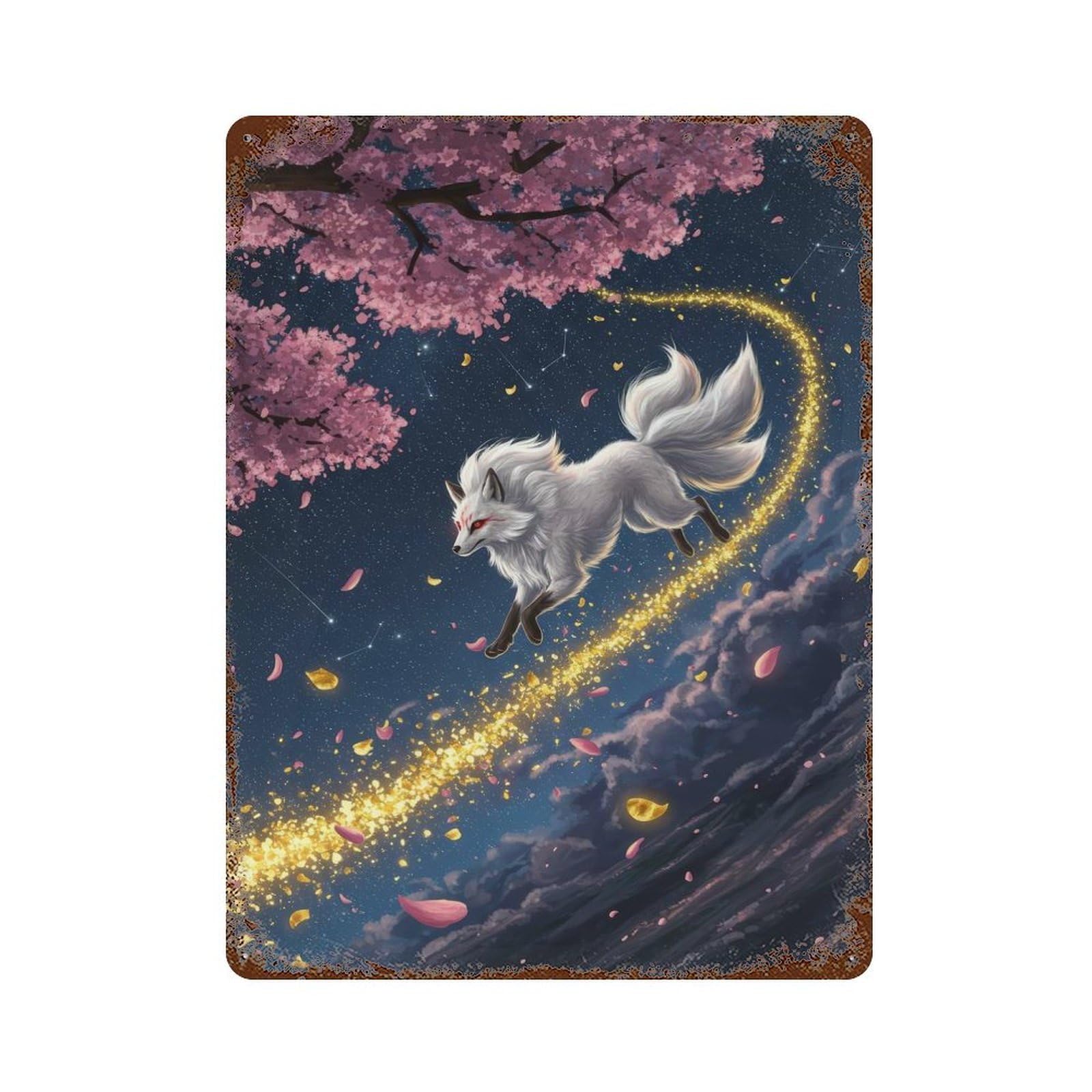 Weathered Tin Sign with Nine-tailed Fox in Starry Night Design 15.7"x11.8", for Garage, Bar And Workshop Decor, Decorative Metal Wall Art