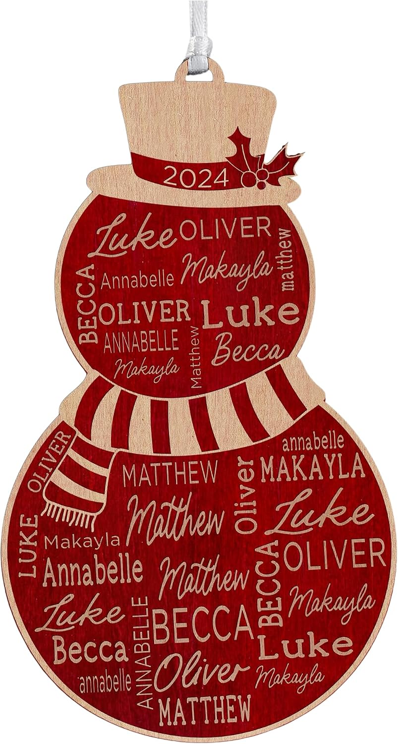 Personalization Universe Personalized Repeating Name Snowman Ornament - Whitewashed Alderwood - Engraved with Up to 35 Names, Christmas Tree Decorations - Custom Unique Wooden Ornaments, Ribbon