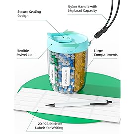 PULIV Large Supplement Organizer Bottle, Holds Plenty of 6 Various Vitamins in 1 Pill Dispenser with Anti-Mixing & Wide Openings Design, Easy to Retrieve Meds, Includes 20 Pcs Stick-on Labels Cyan