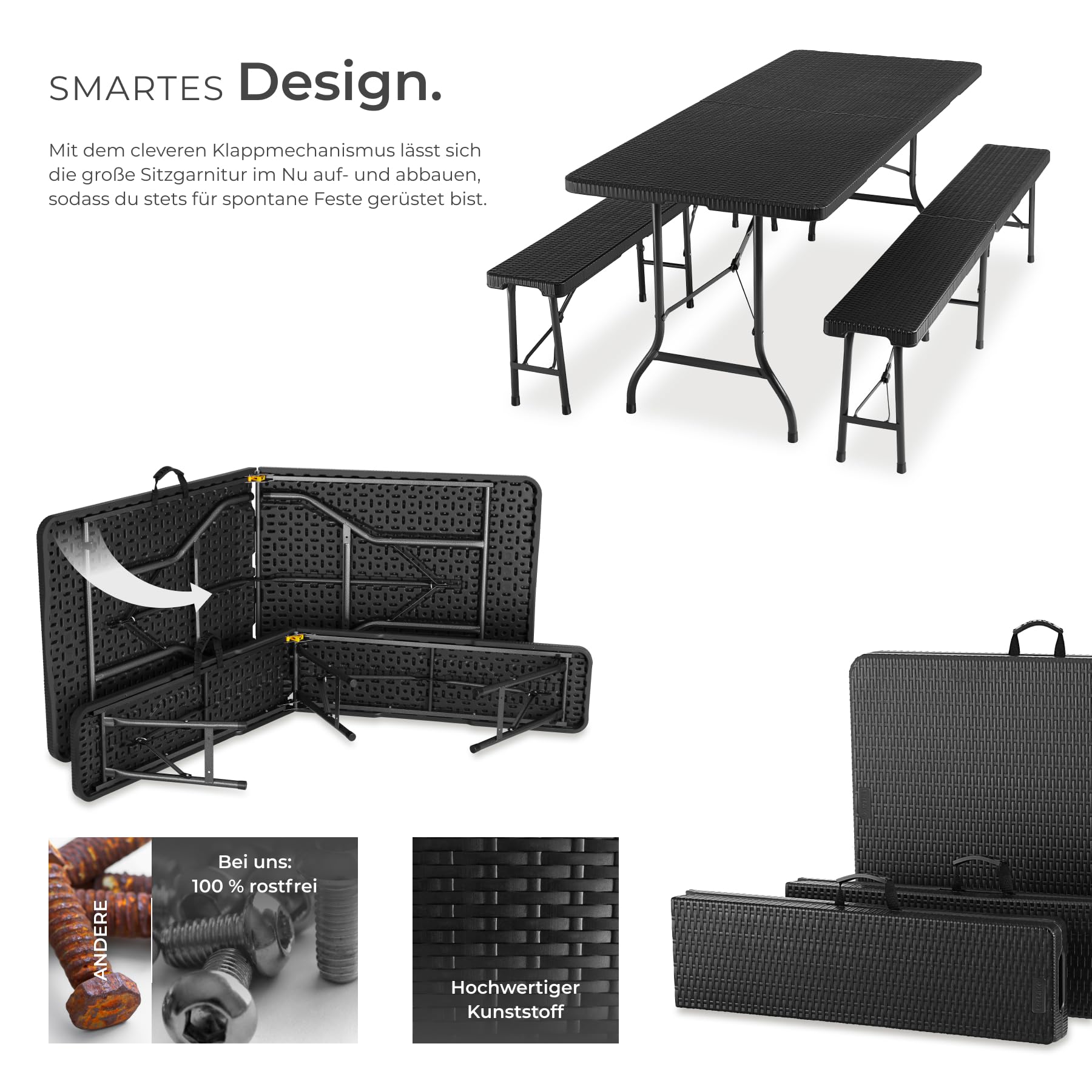 tectake® 3-teiliges Gartenmöbel Set, klappbarer Campingtisch mit 2X Bierbank, Balkonmöbel, Garten oder Terrassentisch Set, Bierzeltgarnitur, mit Tragegriffen, 180cm lang (schwarz) | Hohe Belastbarkeit 500 kg pro Bank, bodenschonende Kunststoffkappen, Trag