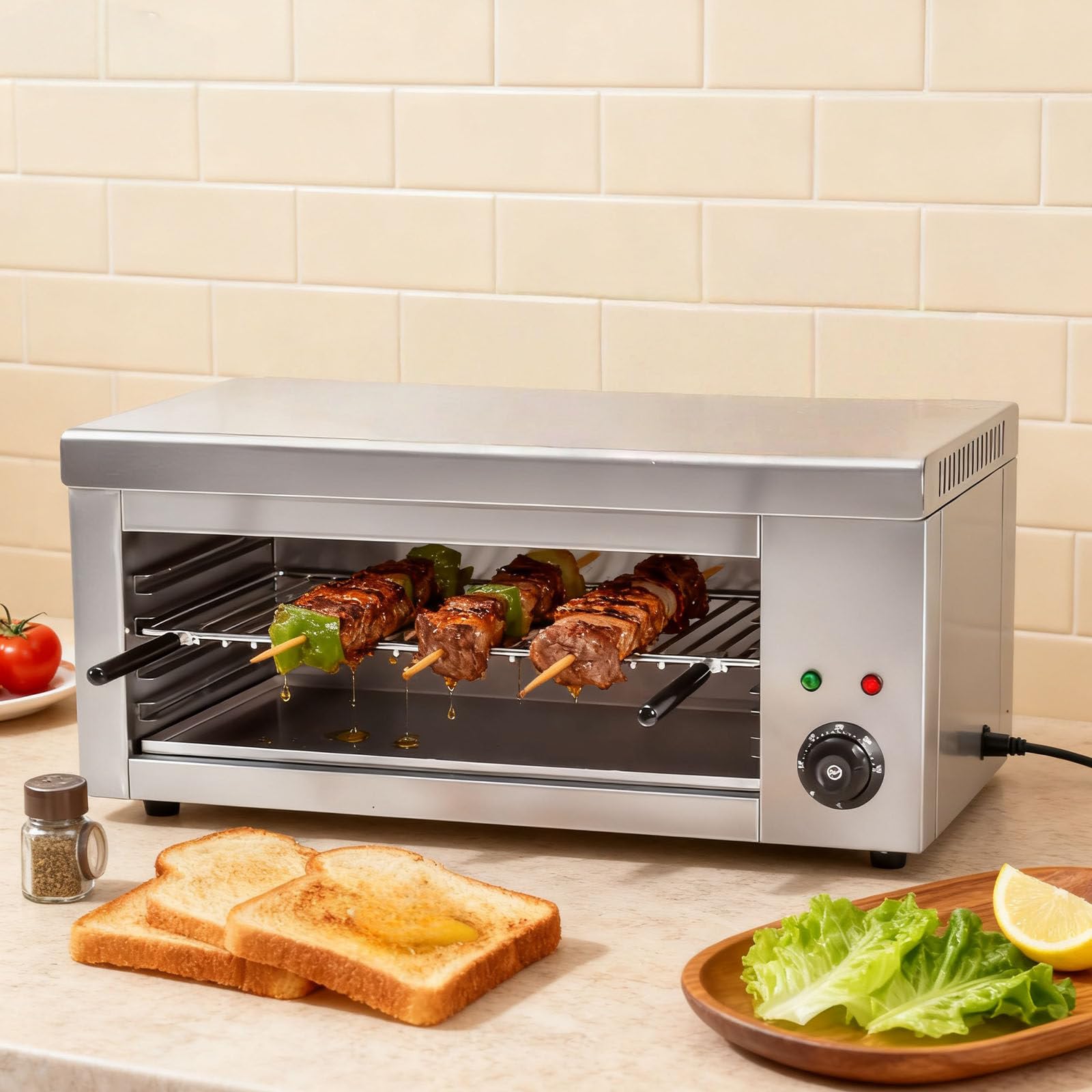 Asador eléctrico de salamandra, horno de carne y derretimiento de queso, 2000 W, rango de temperatura de 50 a 300 °C, ideal para asar filetes y derretir queso