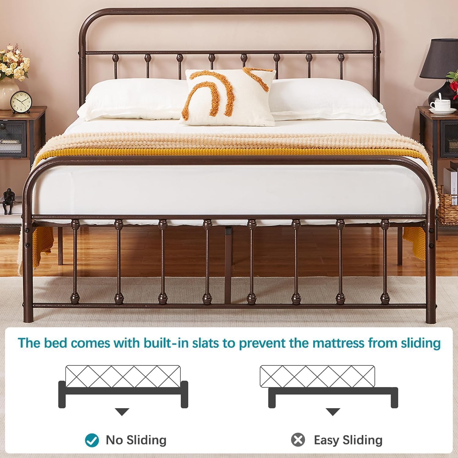 VECELO Purple Bronze Victorian Style Metal Bed Frame with Headboard/Mattress Foundation/No Box Spring Needed/Under Bed Storage and Strong Slat Support Queen Size