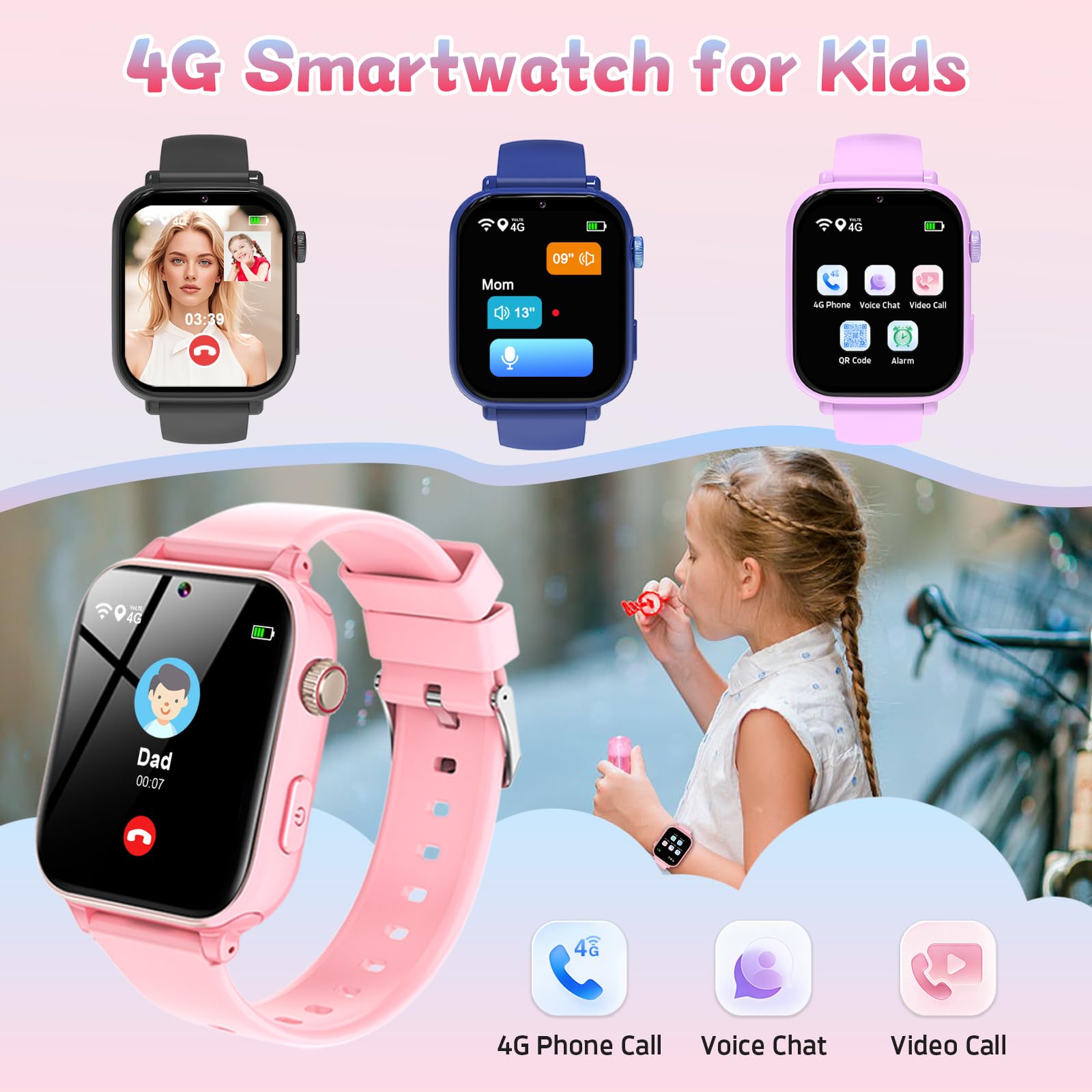 PTHTECHUS Smartwatch Kinder GPS und Telefon, 4G Uhr Kinder Smartwatch | Videoanruf, Voice Chat, Schulmodus WiFi SOS Spiele Wecker, Schrittzähler, Kinderuhr für Mädchen Jungen 4-12 Jahren, Rosa