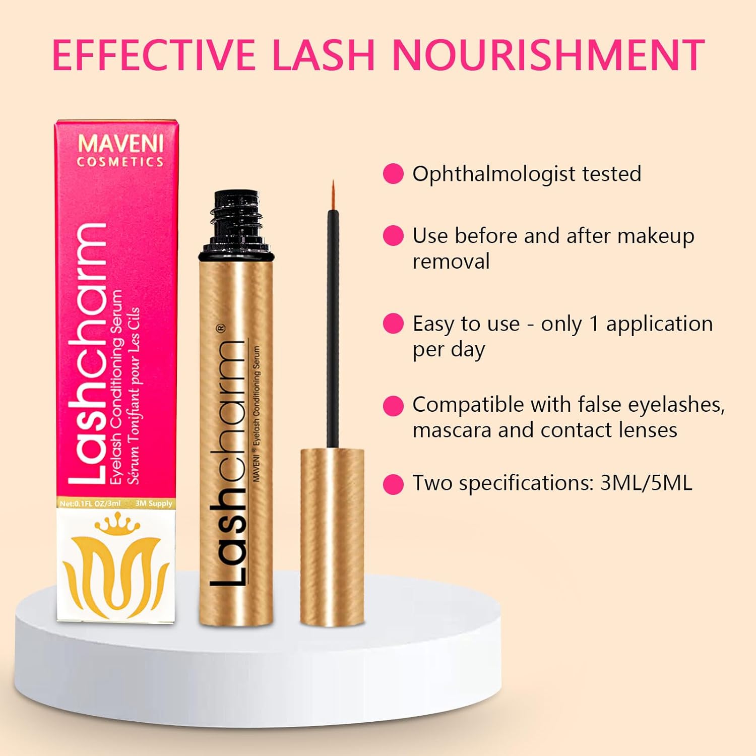 MAVENI Lash Enhancing Serum, Women's Advanced Cosmetics, Eyelash Growth Serum, Promote Longer, Fuller, and Denser Eyelashes, Fast and Effective (Gold, 0.1 Fl Oz (Pack of 1))