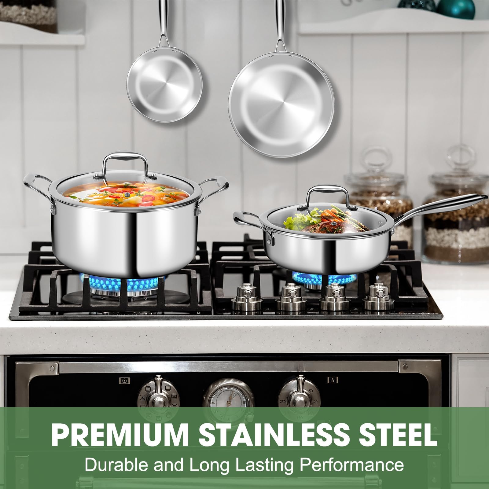 Set di pentole e padelle in acciaio inox a 3 strati - Set di pentole da 11 pezzi con coperchi in vetro - Set di pentole e padelle a induzione - Set di pentole e padelle, adatto al forno, senza PFOA
